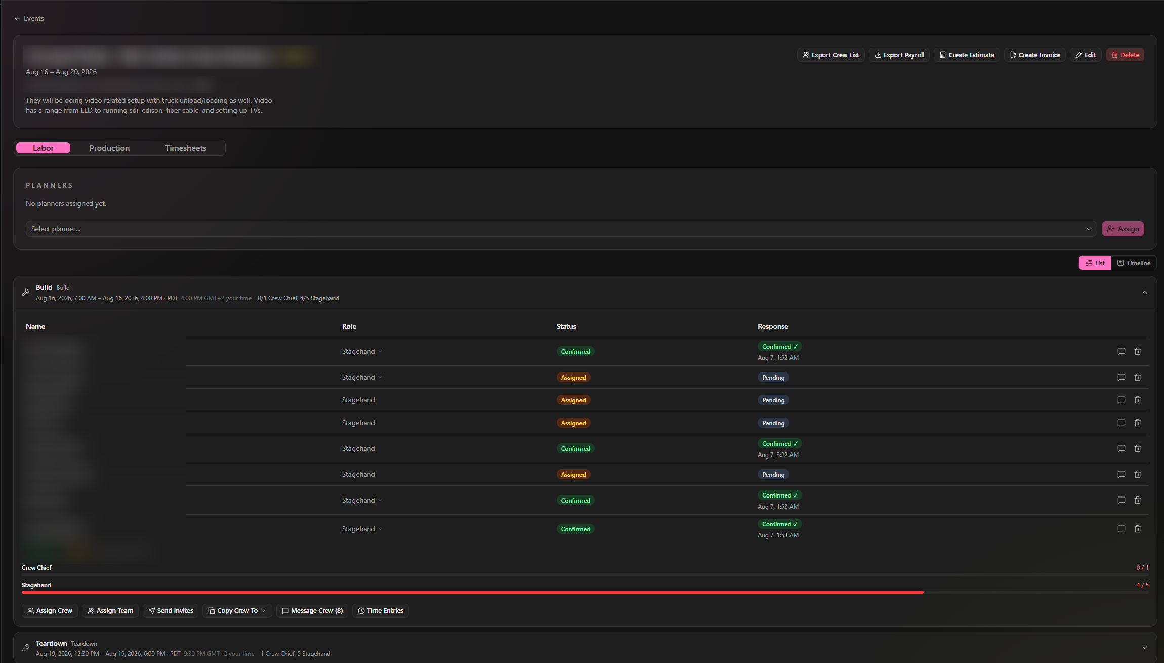 Heavy AV Event Detail interface showing build and teardown phases, crew roles, staffing status, invitation responses, and role-fill requirements; event, address, and crew identities are redacted