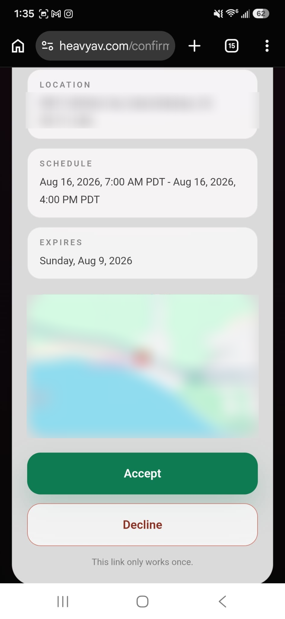 Lower portion of the same Heavy AV browser confirmation page after scrolling, showing schedule, expiry, Accept and Decline controls, and the one-time-link notice; address and map details are redacted