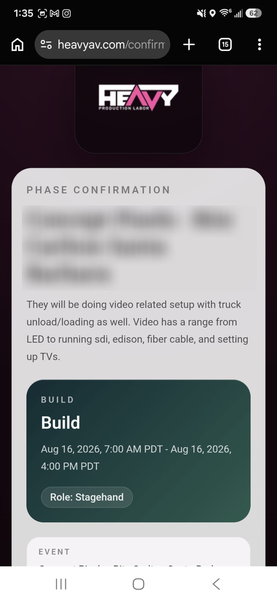 Heavy AV browser confirmation page showing phase, schedule, and assigned Stagehand role without requiring an application or account; event identity is redacted