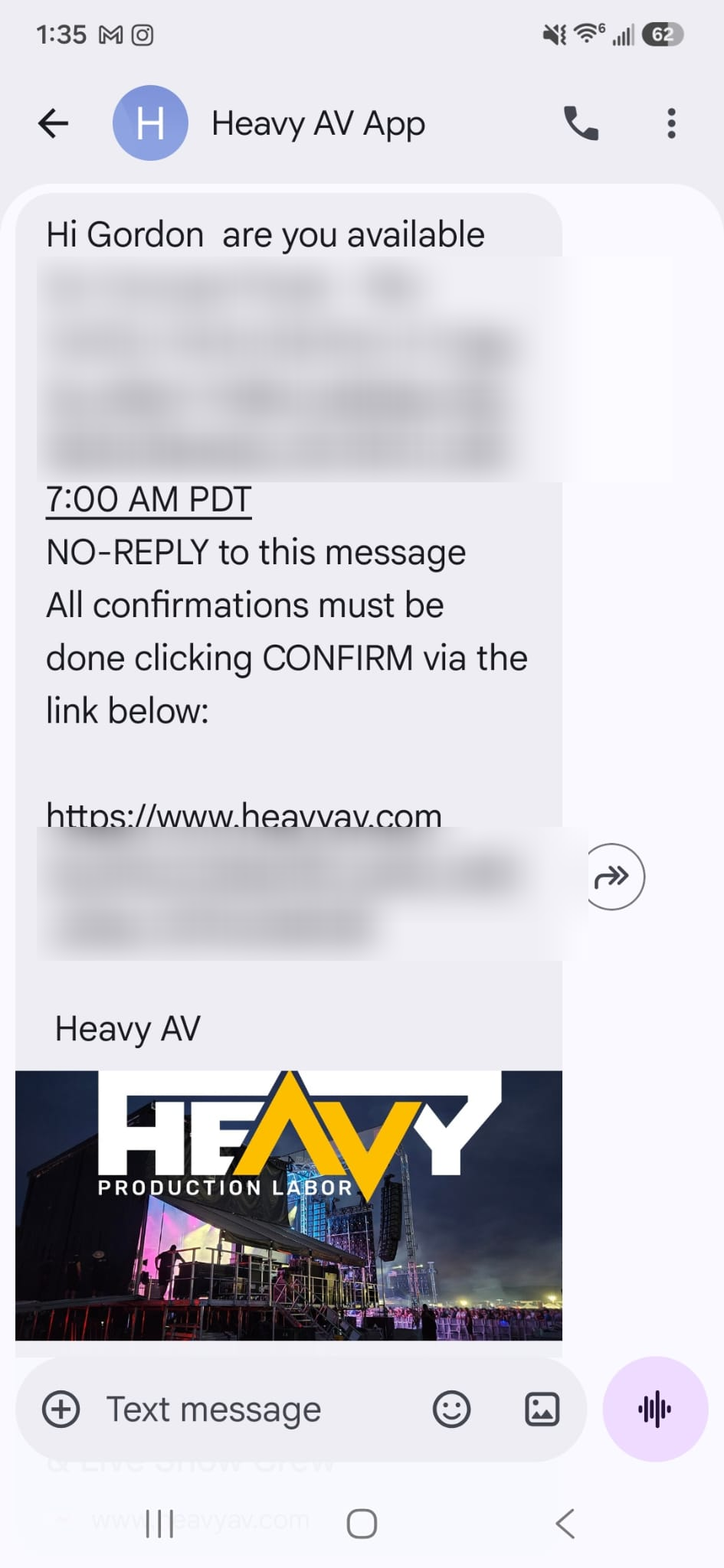 Heavy AV SMS invitation addressed to Gordon with a secure confirmation link; event identity, physical address, and token are redacted