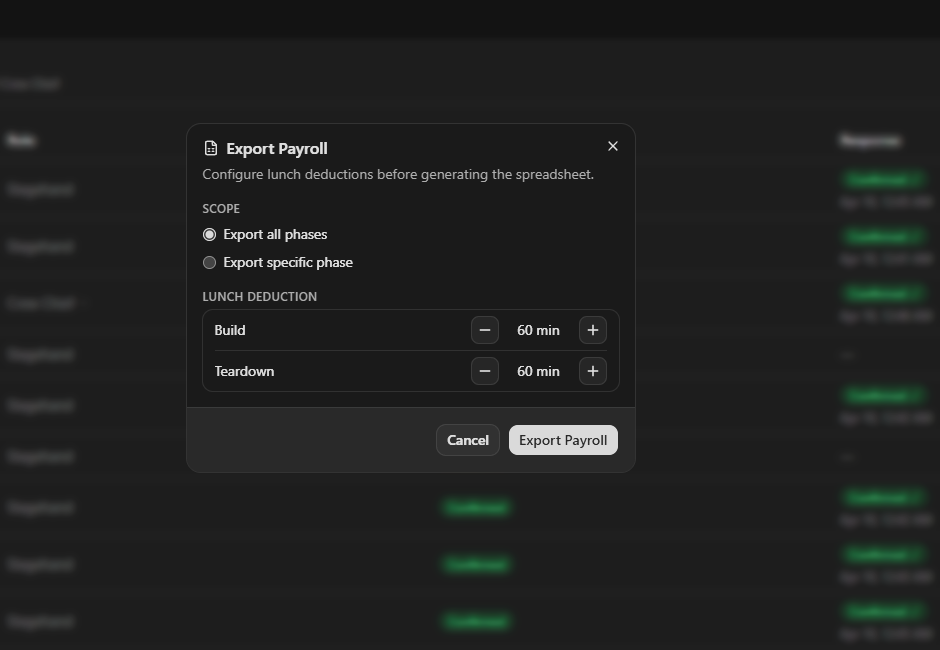 Heavy AV Export Payroll dialog showing all-phase or specific-phase scope and configurable lunch deductions before spreadsheet generation