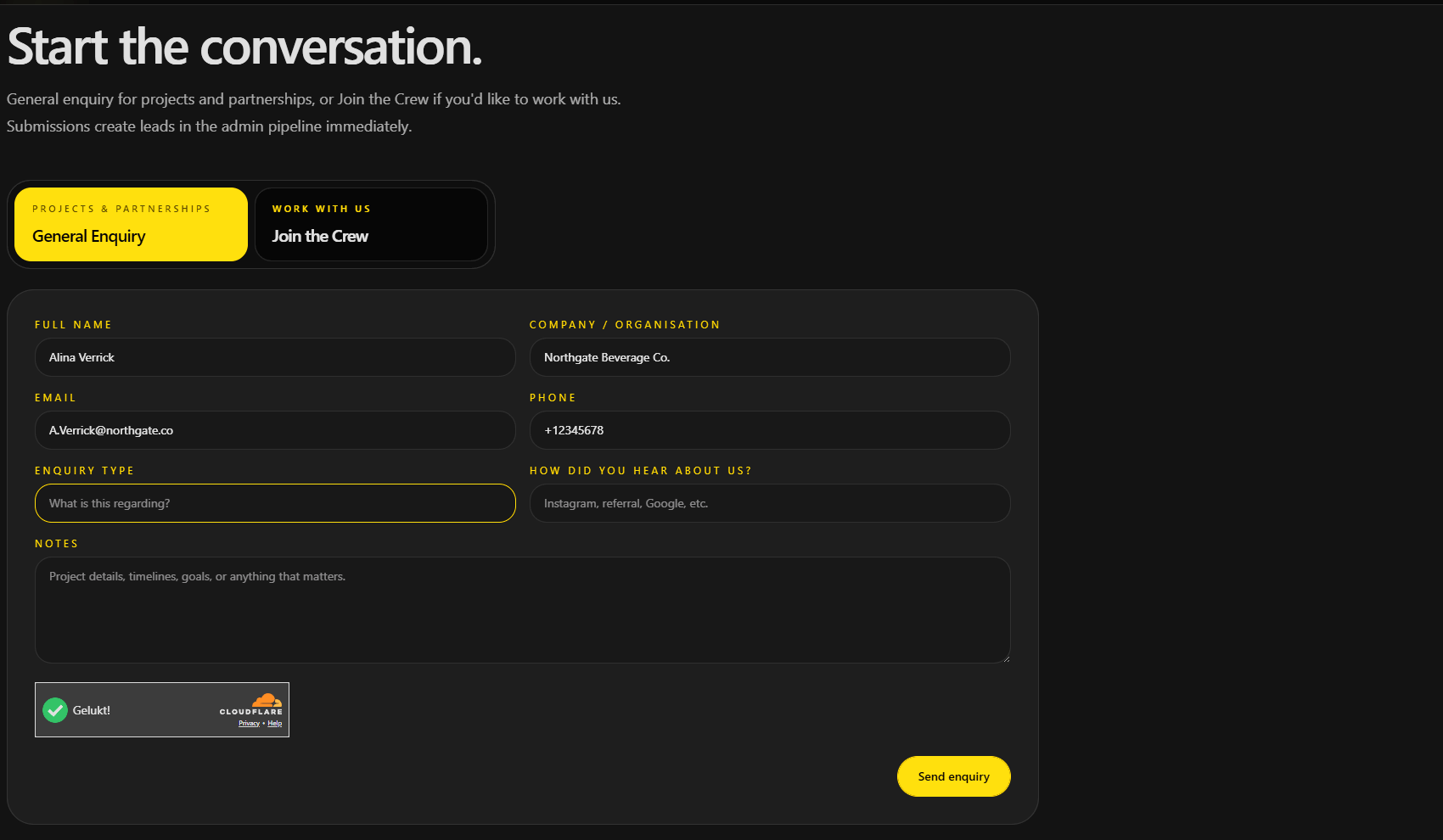 Heavy AV public General Enquiry form showing that submissions create leads in the admin pipeline